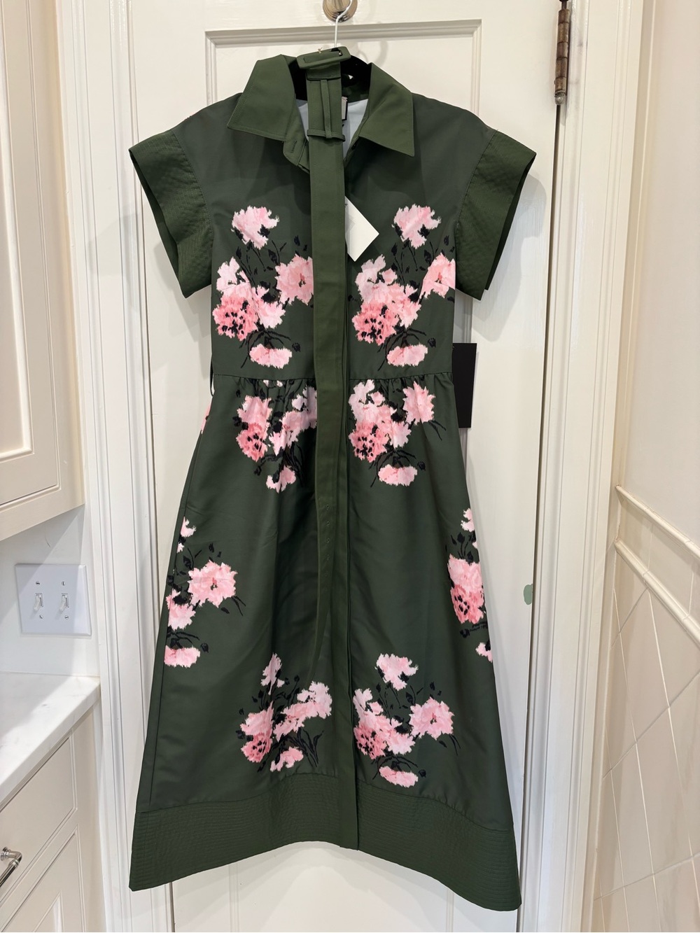 Tuckernuck Chloe Green Wrap Belted Dress in the Olive and Pressed Powder Floral - Picture 2 of 9